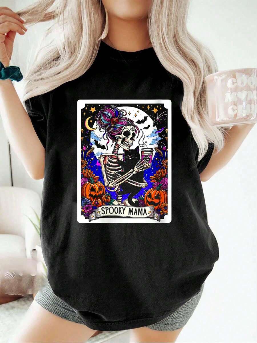 100% Cotton Womens Spooky Mama Tarot Card Halloween Mom Skull Mama Black Cat O-Neck T-Shirt Summer Women For Top - 黑色 - 查看 1