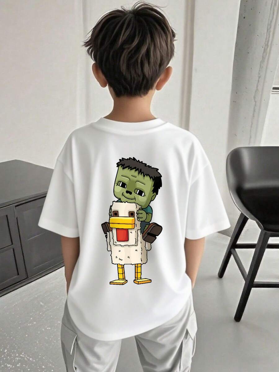 男孩和青少年学生休闲印花圆领短袖T恤，夏季上衣