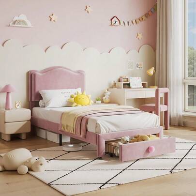 Huisuilinss Estructura de cama individual, cama de plataforma tapizada para niños, con cajón de almacenamiento y cabecero con diseño de concha, listones de madera de soporte, sin necesidad de caja de resortes, fácil montaje