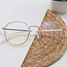 1 Peça Armação de Óculos Oval Decorativa de Metal com Vidro Liso, Estilo de Rua Coreano da Moda para Mulheres, Óculos de Computador Assimétricos de Metal com Bola Redonda e Vidro Liso para Homens e Mulheres, Armação de Óculos Retrô Literária de Metal com Vidro Transparente, Acessórios de Óculos