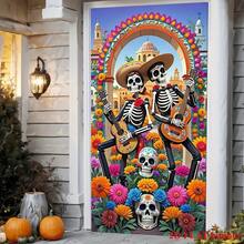 Bandera de tela plana 2D ondulada, diseño de pareja de calaveras con flores, adecuada para decoración de Halloween y Día de los Muertos, uso en interiores/exteriores, sin electricidad requerida, decoración de Halloween
