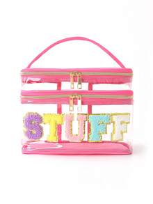 1 pièce Sac de maquillage minimaliste de couleur unie, imprimé de lettres en chenille, organisateur de voyage et de dortoir pour femmes, grande capacité, imperméable et portable, excellent cadeau pour maman, accessoire de voyage, trousse de maquillage multifonctionnelle pour les fêtes, fournitures scolaires, étui à cosmétiques, organisateur de cosmétiques, cadeau d'hiver pour elle - Multicolore - Voir 25