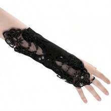 Lace Floral Gloves Fingerless Bridal With Sequin Women Satin Handwear For Wedding Prom Party Vintage Elegant Banquet Performance Ball Mittens Youth Stretchy Short Costume Arm Sleeve, Pink - màu đen - Xem 6