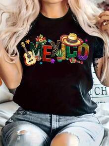 Dama mujer joven playera cuello redondo manga corta juvenil moda chopis grafico  diseño mexicano 15 septiembre suave primavera verano jardín casual viaje diseño VIVA MÉXICO SOMBRERO Y GUITARRA - Negro - Ver 1