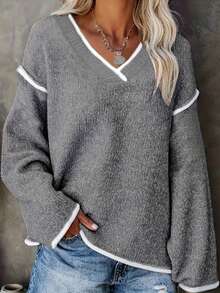 Plus Women's V-Neck Casual Solid Color Long Sleeved Sweater