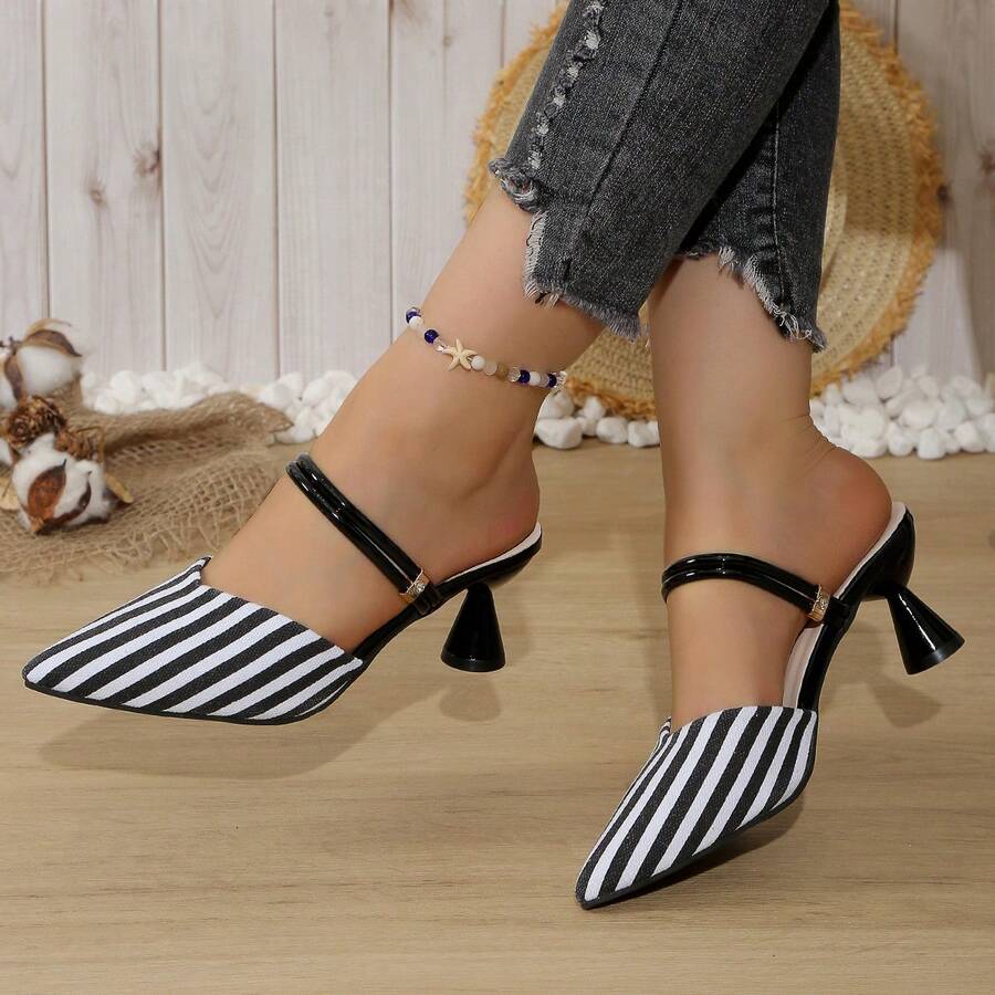 Fashionable Versatile Spring/Summer High Heel Chunky Heel Pointed Toe Mules