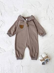 Newborn Baby Boy Clothes Jumpsuit, Bear Badge Decor, Long Sleeve, Hooded, Brown, Spring/Autumn - Brown - View 8