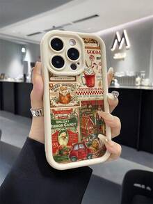 1pc Christmas Element Newspaper Pattern Phone Case, High-Quality Bamboo Color TPU Protective Cover, Suitable As Holiday Gift For IPhone XS/XS Max/XR/11/12/13/14/15/16 Pro/Pro Max/14/15/16 Plus, Unisex - Multicolor - View 1