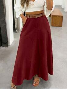 Solid Color High Waist Skirt With Pockets On Both Sides And Wide Hem - 酒紅色 - 查看 2