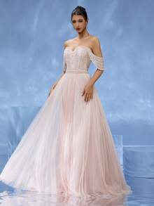 DELLA COUTURE Elegant Ladies' Soft Pink Off-Shoulder Strapless Gown With Delicate Beaded Mesh And Full Skirt (Includes Clear Straps) Gorgeous Romantic Long Floor-Length Evening Gown European & American Fashion Ideal For Parties Dinners Weddings And Other Formal Occasions Ballroom Guest Dress Full-Skirted Long Cocktail Dress - Baby Pink - View 3
