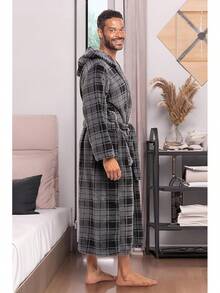 Mens Robe With Hood, Plush Fleece Hooded Mens Bathrobe, Big And Tall Bath Robe For Menhalloween - Gray Plaid - View 9