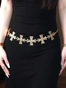 1 Women's Golden And Silver Cross Waist Chain, Elegant And Versatile, Fashionable Street Style, Women's Metal Belt, Match With Dress, Daily Use - 金色 - 查看 5