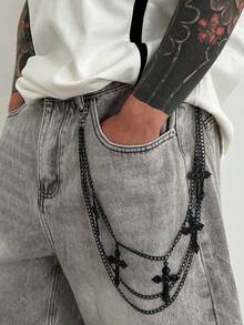 1pc Men's Cross Pendant Multilayer Tassel Metal Fashion Accessory, Hip-Hop Punk Style Belt Chain, Retro Waist Decor, Jewelry Accessory For Daily, Party, Holiday Gift - Silver - View 7