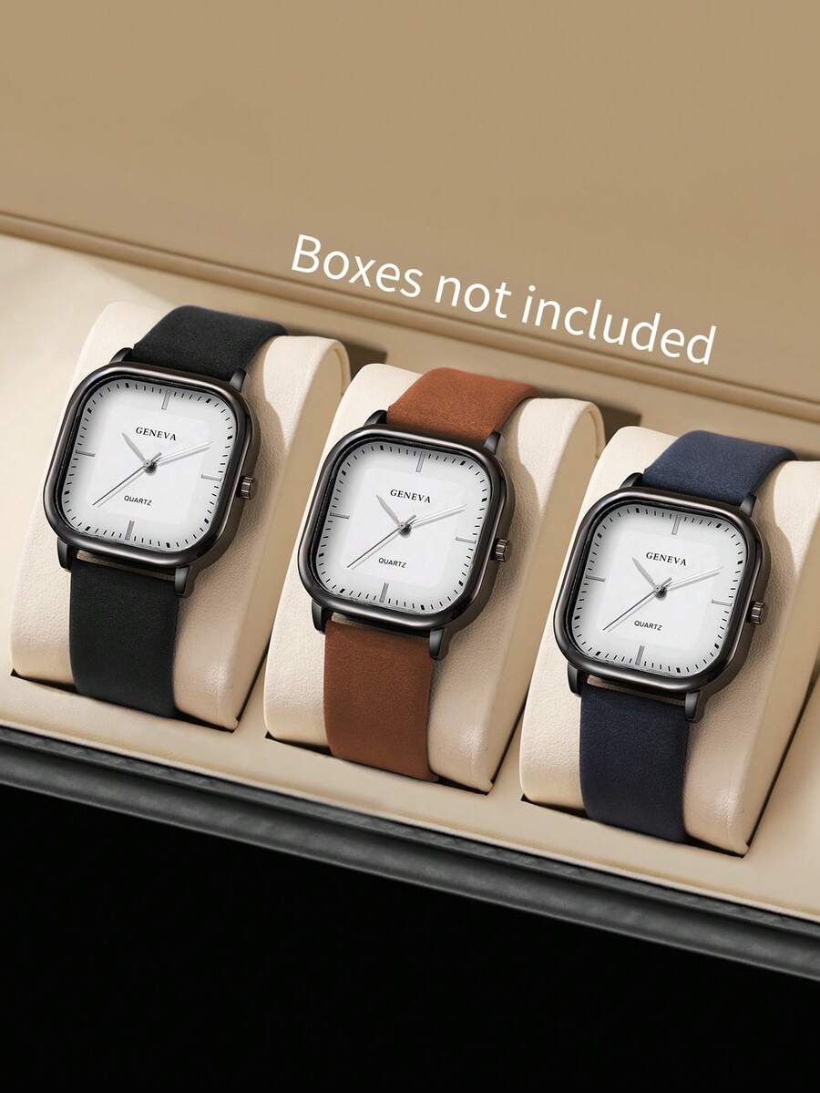3pcs/Set Men's Fashion Square Minimalist Scale Dial Quartz Wrist Watch & Belt Combo Set (Watch Box Not Included) - Multicolor - View 1