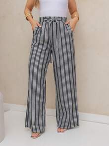 Linen Palazzo Pants With Front Tie And Vertical Stripes/240026-1 - 黑色 - 查看 3