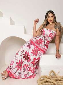 Vestido Longo Feminino Tomara que Caia Estampado com Franzido Lastex  no Busto – Elegância e Conforto - Rosa tropical - Visão 3