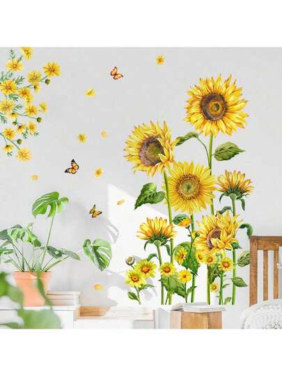 3pcs Sunflower & Butterfly Wall Stickers, Living Room Bedroom Background Wall Decals, Kindergarten Early Education DIY Creative Wall Decor, PVC Removable Waterproof Washable Stickers
