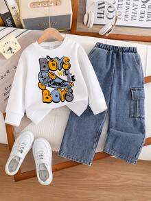 幼儿字母印花保暖圆领运动衫和牛仔裤套装 - 白色 - 查看 1