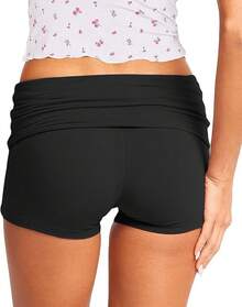 Women Fold Over Micro Booty Shorts Low Rise Sleep Lounge Pajama Shorts - Black - View 1