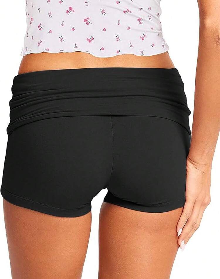 Women Fold Over Micro Booty Shorts Low Rise Sleep Lounge Pajama Shorts - Black - View 1