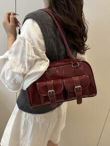 1 buah Tas Tote Minimalis Vintage dengan Resleting, Dilengkapi Kantong dan Dua Pegangan, Cocok untuk Penggunaan Sehari-hari Wanita, Baik untuk Aktivitas Kasual maupun Komuter. - Burgundy - View 7