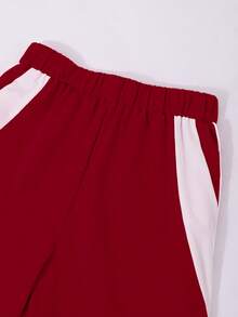 Set 2pcs/Set Kaos Lengan Pendek Leher Bulat Kasual dengan Cetakan Huruf & Celana untuk Remaja Putri, Musim Semi/Panas - Merah - View 3