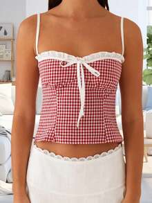 Women's Plaid Print Camisole Adjustable Spaghetti Strap Slim Fit Mini Tank Tops Streetwear - Red - View 2
