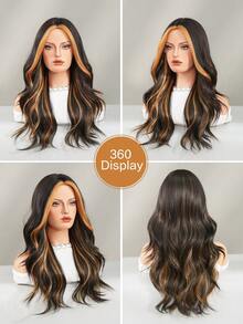 24 Inch Long Wavy Black Golden Highlight Wig For Women Heat Resistant Fiber Middle Part Hairpiece,Natural Synthetic Full Machine Hair Wigs For Daily Music Festival Party Wear, Cosplay Halloween & Street Photography Use - 挑染金色 - 查看 6