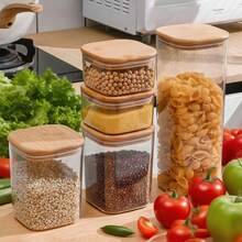 1pc Square Plastic Sealed Jar - Physical Container With Wooden Lid Multifunctional Food Storage Jar, Moisture-Proof And Insect-Proof Storage Box, Three Sizes, Sturdy, Leak-Proof, Moisture-Free Storage Of Coffee Beans, Tea, Pasta, Flour, Sugar, Nuts, Sweets, Bath Salts - The Perfect Home Kitchen Item For Organizing Pantries And Countertops - Clear - View 5