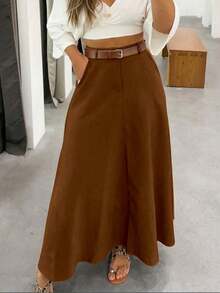 Solid Color High Waist Skirt With Pockets On Both Sides And Wide Hem - 摩卡棕 - 查看 2