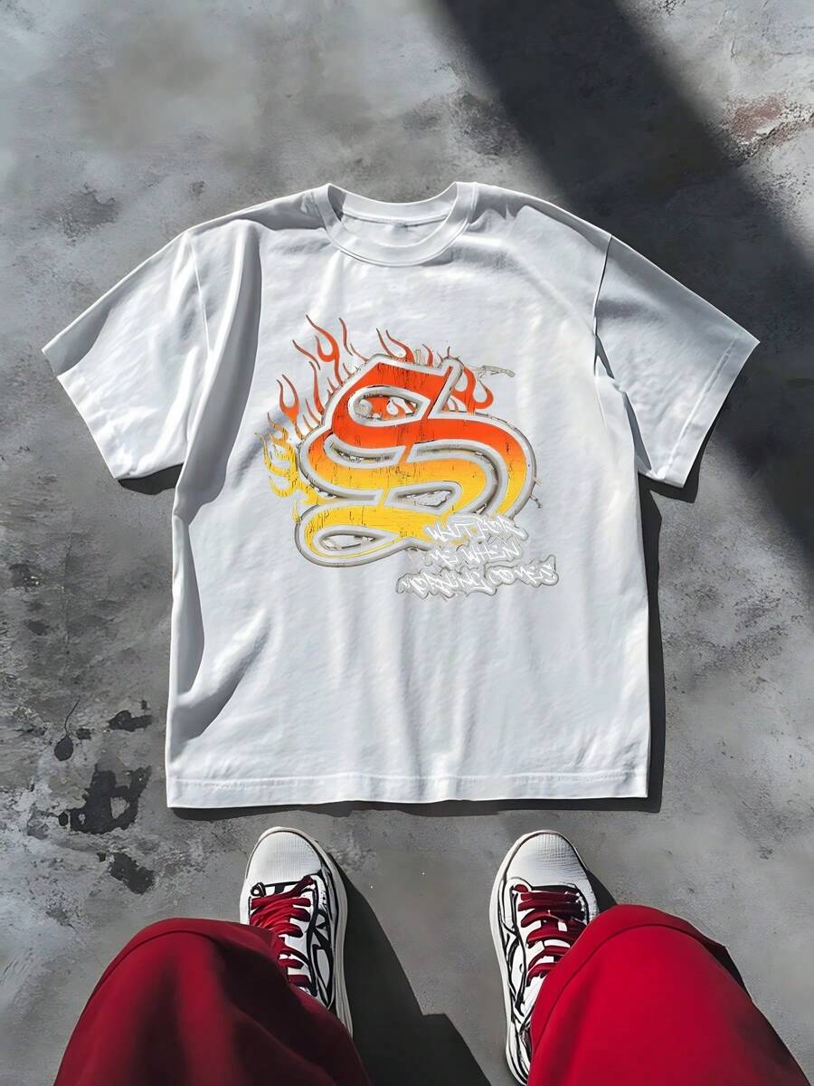 Flame Graphic Men's Casual 220g T Shirt 1pcs Streetwear Style 100% Cotton Tee Graphic Digital Printed T Shirt Hot Rod Theme T Shirt - White - View 1