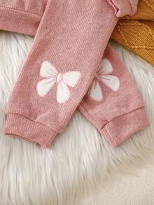 2 件套女婴休闲可爱刺绣蝴蝶结荷叶边袖口长袖运动衫搭配纯色裤子套装，秋冬 - 粉色 - 查看 9