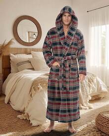 Mens Robe With Hood, Plush Fleece Hooded Mens Bathrobe, Big And Tall Bath Robe For Menhalloween - Refined Tartan Plaid - View 8