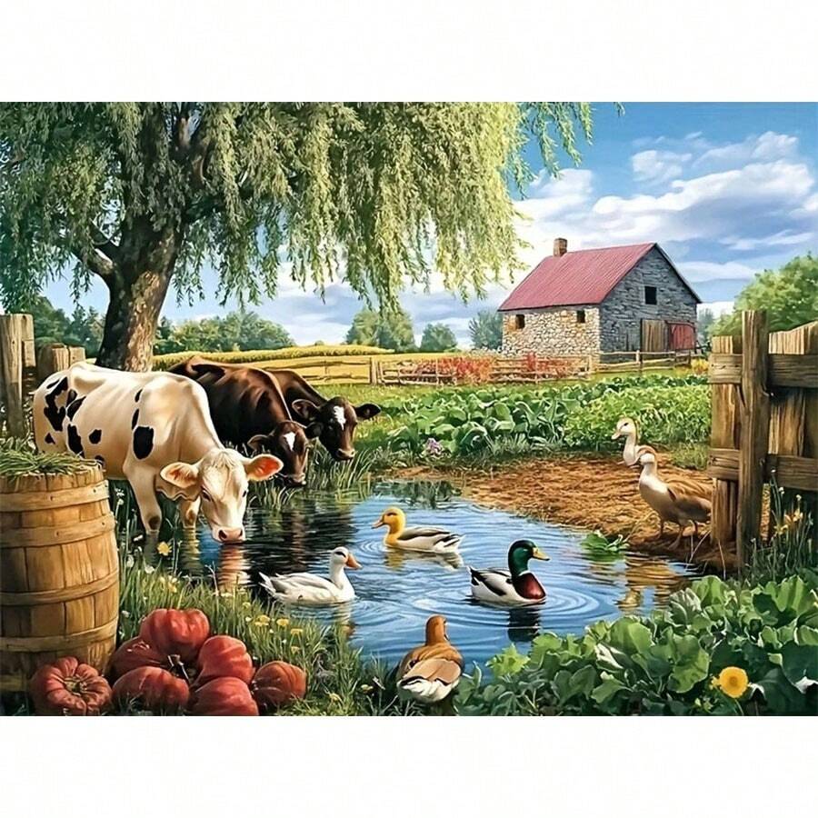 Bộ tranh đính đá acrylic 5D [30*40cm/11.8*15.7in], họa tiết trang trại, ao cá, bò và vịt, thích hợp cho người lớn mới bắt đầu tự làm tranh đính đá, tranh đính đá thủ công toàn bộ, thích hợp trang trí tường phòng khách, phòng ngủ, văn phòng, quà tặng nghệ thuật bất ngờ cho gia đình và bạn bè, không khung. - Nhiều màu - Xem 1