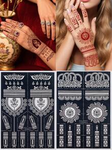 2 张花卉指甲花模板人体彩绘化妆美容院 Mehndi 花卉纹身模板人体彩绘贴纸模板适用于手部和脚部 - 黑色 - 查看 2