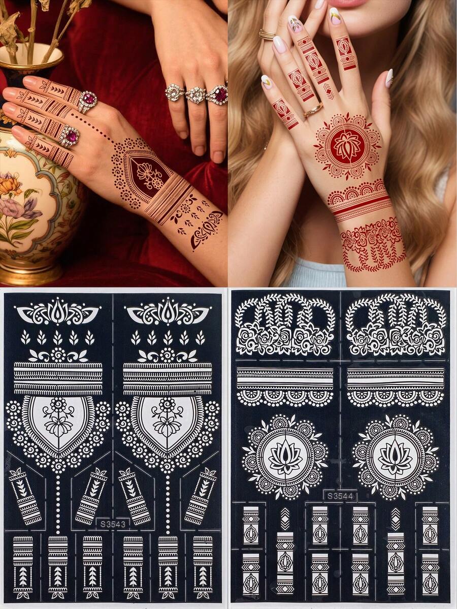 2 张花卉指甲花模板人体彩绘化妆美容院 Mehndi 花卉纹身模板人体彩绘贴纸模板适用于手部和脚部