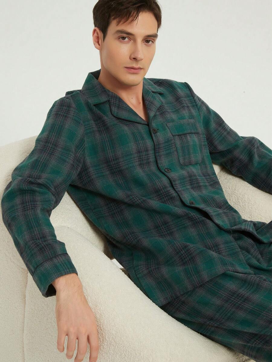 新款男士时尚休闲睡衣套装,长袖上衣和长裤,冬季服装 - 綠色 - 查看 1