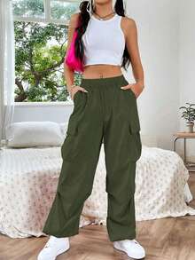 1pc Teen Girls Loose Versatile Flap Pocket Side Drawstring Outdoor Cargo Pants Spring Summer Autumn Winter Back To School - Army Green - View 4