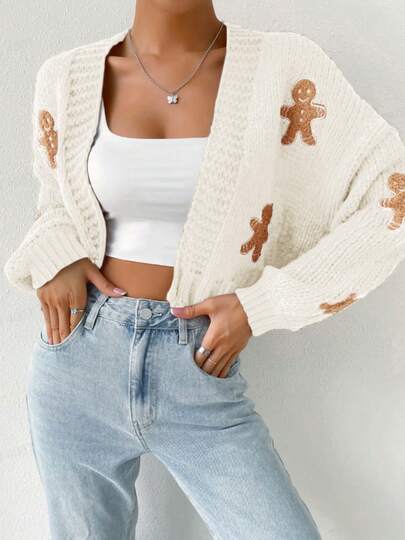 Women's Spring Autumn Open Front Cardigan Elegant Long Sleeve Gingerbread Man Embroidered Cropped Cardigan Fall Outwear Streetwear