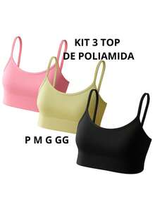 Kit 3 Top Sutiã de Alcinha Esportivo Praia Feminino Poliamida Com Bojo Verão - Multicolorido - Visão 2