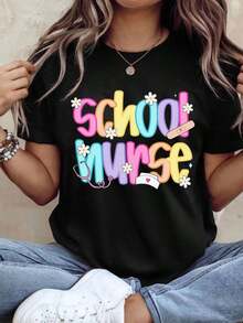 Womens Summer Tops School Nurse Shirt, School Nurse Gift For School Nurse, School Nurse TShirt, Back To School Nurse Tee, Cute Retro School Nurse T-Shirts Oversized Graphic Tees For Women,Casual Round Neck Short Sleeve T-Shirt Fashionable Dressing - black002 - 查看 1