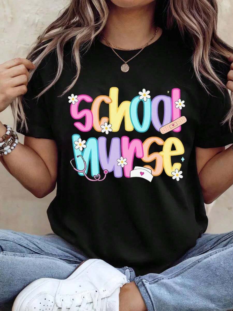Womens Summer Tops School Nurse Shirt, School Nurse Gift For School Nurse, School Nurse TShirt, Back To School Nurse Tee, Cute Retro School Nurse T-Shirts Oversized Graphic Tees For Women,Casual Round Neck Short Sleeve T-Shirt Fashionable Dressing - black002 - 查看 1