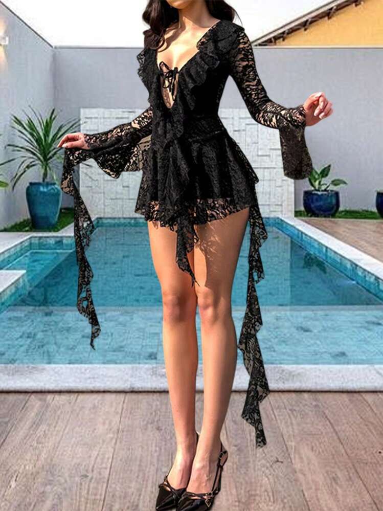 women's deep v neck lace romper short sleeve long dress Wicky LS NWT Burgundy Deep V-Neck Short Sleeve Sheer Floral Lace Romper  Size L