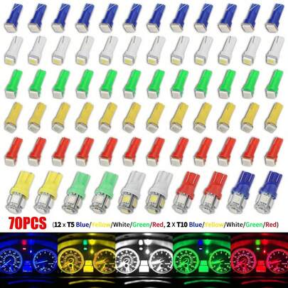 70Pack Multi-Color LED Instrument Panel Lights (T10/T5, 12V DC) - Green/Red/White/Blue/Yellow - Easy Install & Durable For Cars, Trucks, Vehicles