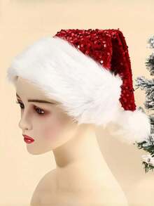 1pc Christmas Santa Claus Oversized Thick Plush Hat, Christmas Decor Atmosphere Hat, Double Layer Sequin Hat, Fashionable Oversized Thick Plush Hat