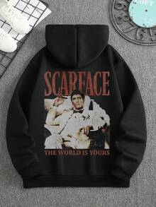 Fashionable Men's "The World Is Yours" Graphic Print Hoodie Sweatshirt, Sophisticated Design, Essential For Everyday, Effortlessly Create Stylish Looks, Vibrant, Must-Have For Autumn, Long Sleeve Top - Black - View 2