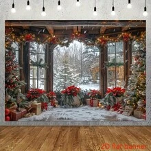 1 件 2D 平面圣诞背景横幅，元素包括圣诞树、礼品盒、落地窗、雪景，采用涤纶面料制成，适用于客厅、户外装饰、社交媒体、摄影工作室背景 - 1個 - 查看 3