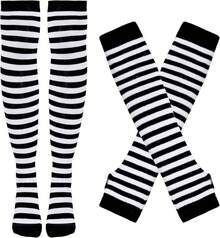 Tongcloud Women's Striped Knee High Socks, Over Knee Thigh High Socks, Arm Warmer And Fingerless Gloves SetHalloween Christmas New Year - 黑與白 - 查看 1