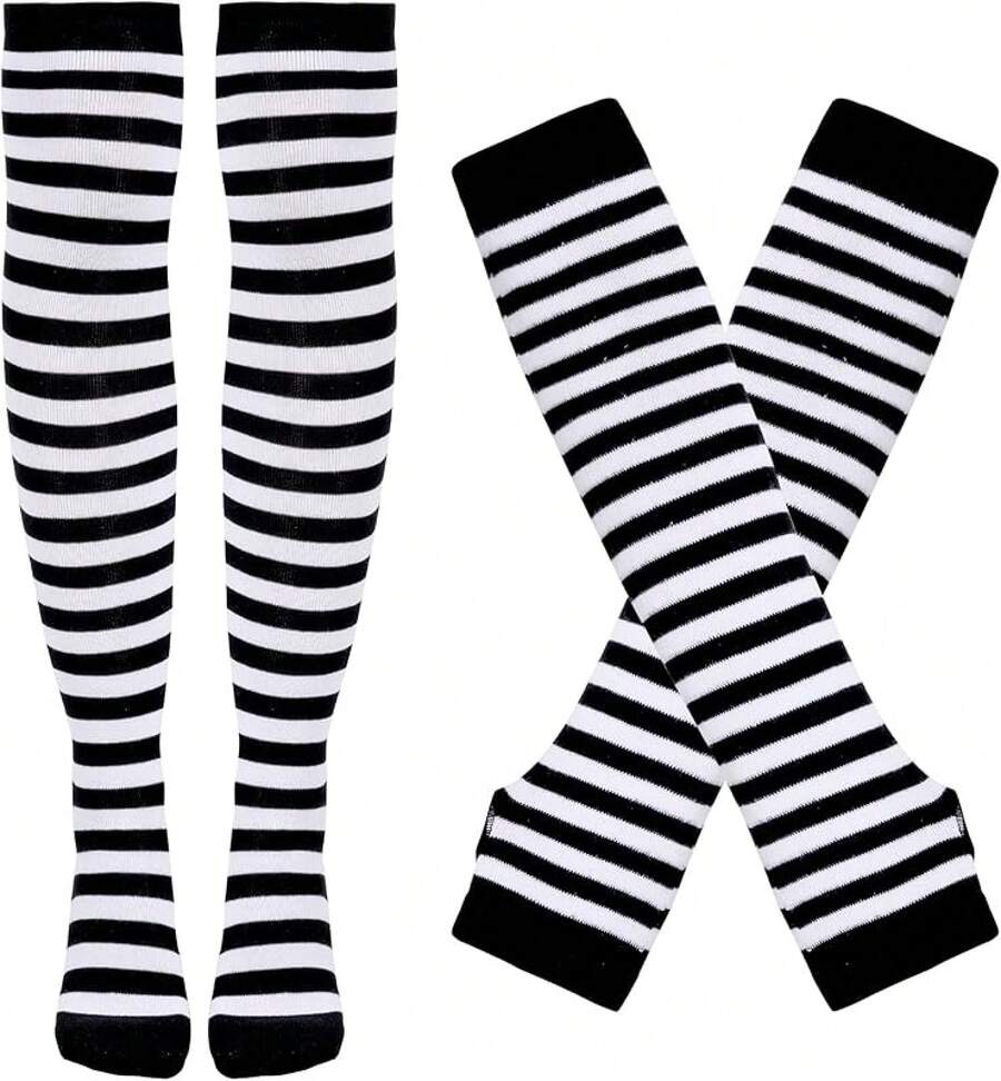 Tongcloud Women's Striped Knee High Socks, Over Knee Thigh High Socks, Arm Warmer And Fingerless Gloves SetHalloween Christmas New Year - 黑與白 - 查看 1