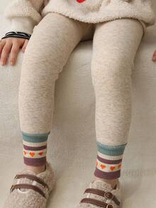1pc Kids' Knitted Leggings, Warm Thermal Lined For Autumn/Winter, Colorful Striped Hem, Cute & Comfortable, Ideal For Daily Wear - Multicolor - View 3